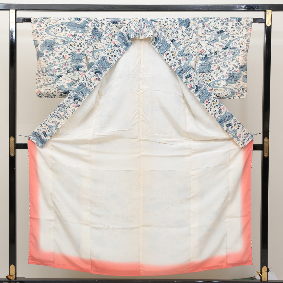 小紋 袷 身丈155cm 裄丈64cm 正絹 Sランク Mサイズ 広衿 インフォーマル 京洛百景 茶屋辻 白系 1215-00614