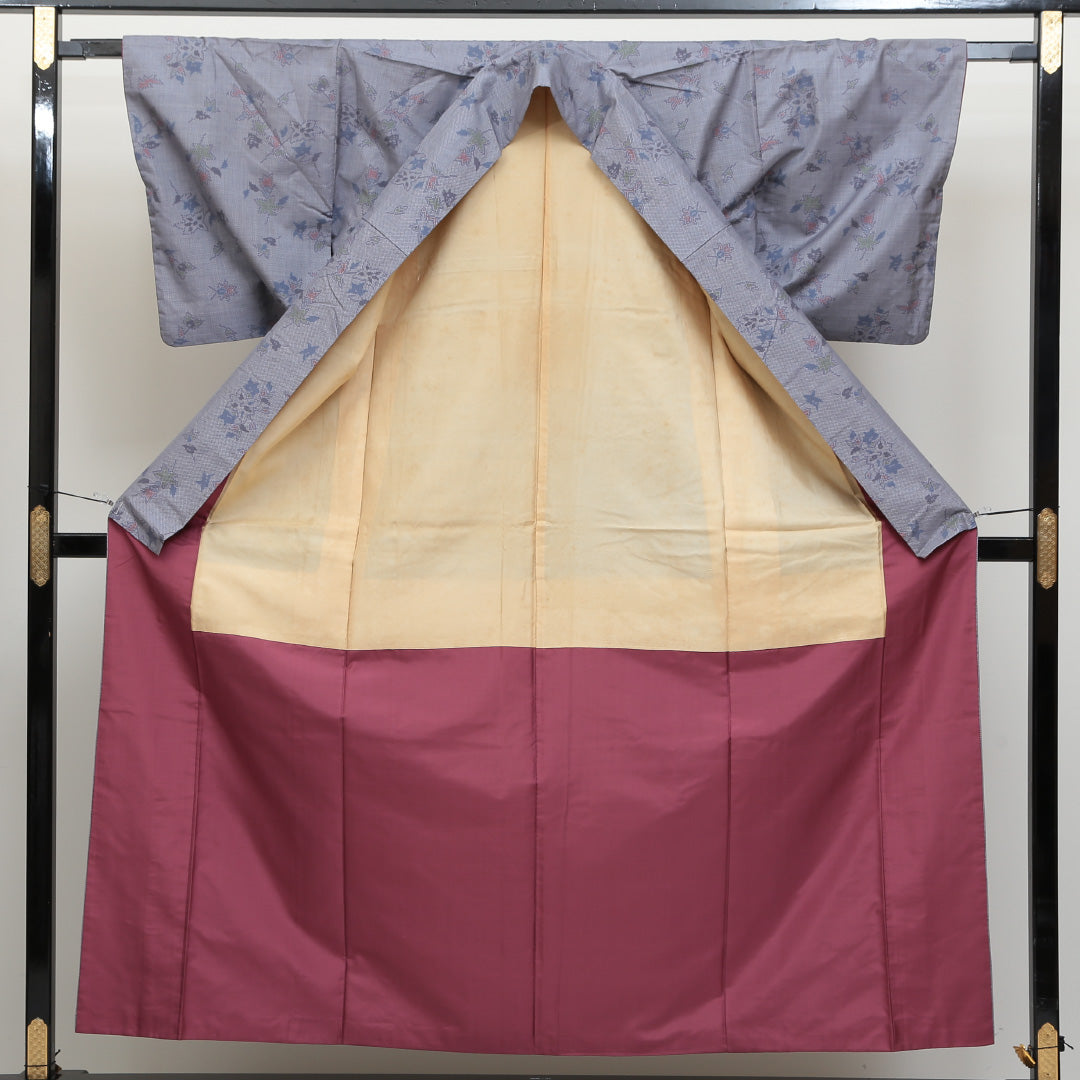 大島紬 袷 身丈155cm 裄丈63cm 正絹 Aランク インフォーマル 広衿 Mサイズ 植物柄 グレー系 RP 1223-02643