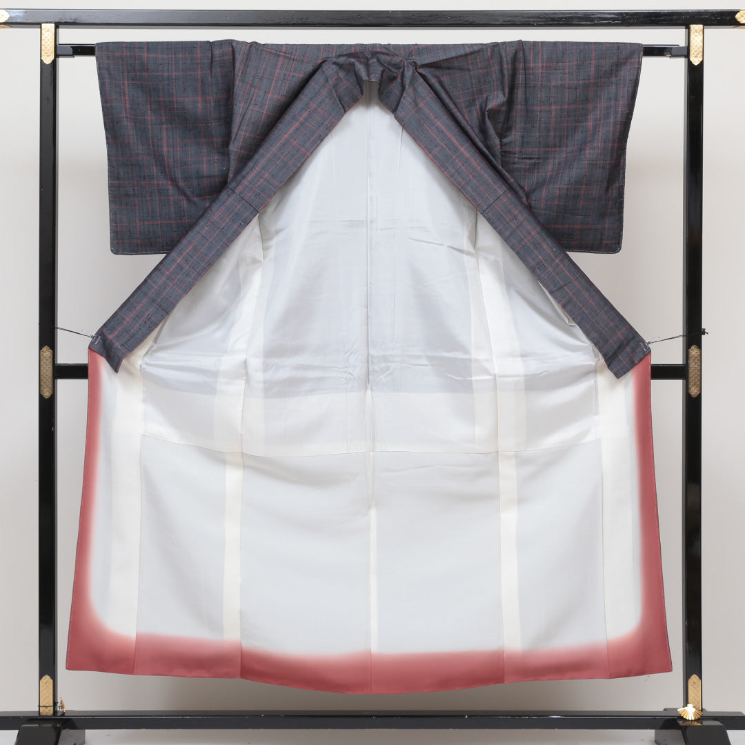 紬 袷 身丈153cm 裄丈63cm 正絹 Sランク カジュアル 広衿 Sサイズ 格子 グレー系 RP 1223-02597