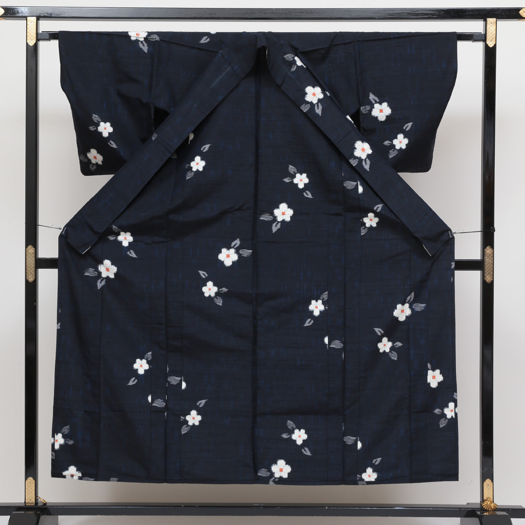紬 単衣 身丈150cm 裄64.5cm 正絹 紺系 Aランク 小花柄 1216421800129