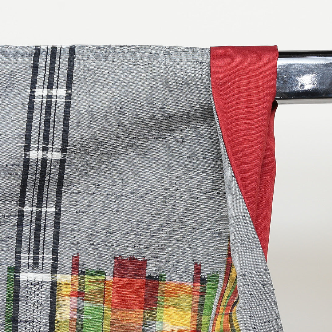 紬 袷 身丈163cm 裄67.5cm モダン格子 正絹 グレー系 Sランク 1216001752422