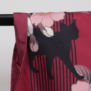 リサイクル着物 小紋 袷 身丈165cm 洗える着物 猫 動物柄 花柄 桜 赤系