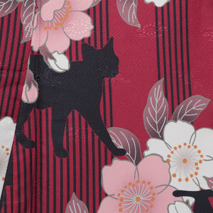 リサイクル着物 小紋 袷 身丈165cm 洗える着物 猫 動物柄 花柄 桜 赤系