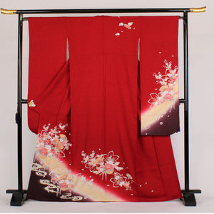 リサイクル着物 振袖 花籠に扇 身丈167cm 正絹 美品 袷 赤系