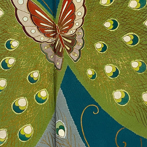 振袖 蝶と孔雀の羽 身丈159cm  正絹 美品  袷 青系 1113000352317