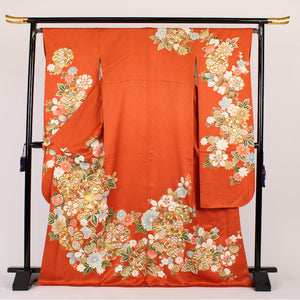 リサイクル着物 振袖 梅鉢に古典柄 美品 正絹 袷 身丈171.5cm 朱