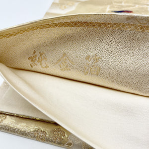 リサイクル帯 袋帯 花鳥風月 純金箔 正絹 六通 フォーマル クリーム系